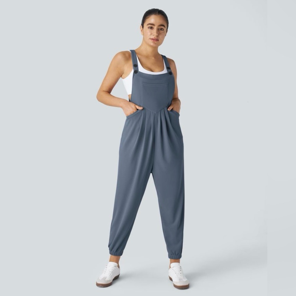 HALARA Slate Blue Waffle Knit Overalls Cuffed Jumpsuit Women’s S NWT - Picture 3 of 12